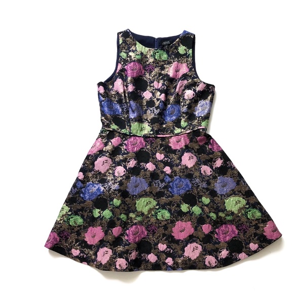 Tahari Jacquard Floral Metallic Fit + Flare Dress - Picture 3 of 11